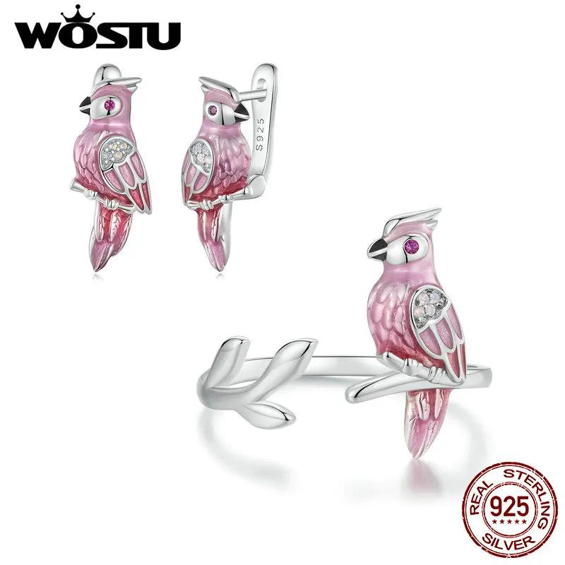 WOSTU 925 Sterling Silver Pink Parrot Jewelry Set 3D Enamel Bird Earrings Buckles Leaves Open Ring For Women Lovely